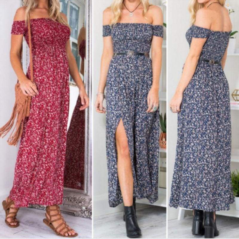New Fashion Boho Off shoulder High Waist Short Sleeve Maxi Dress Ladeis Summer Floral Beach Casual Long Sundress