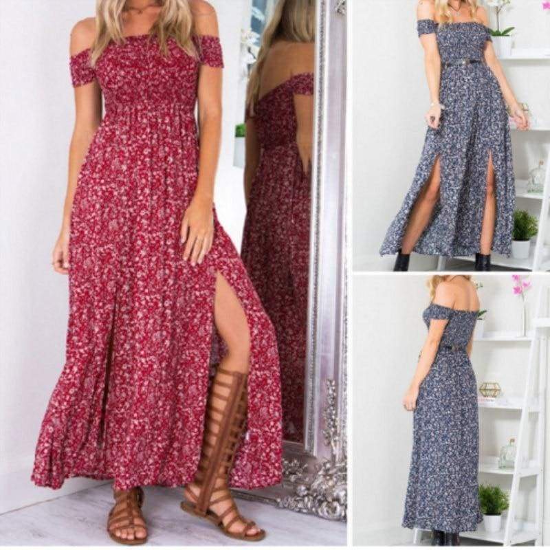 New Fashion Boho Off shoulder High Waist Short Sleeve Maxi Dress Ladeis Summer Floral Beach Casual Long Sundress