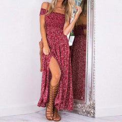 New Fashion Boho Off shoulder High Waist Short Sleeve Maxi Dress Ladeis Summer Floral Beach Casual Long Sundress