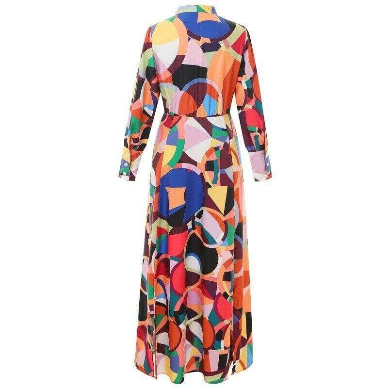 New Fashion Geometric High Neck Long Maxi Dress Ladies Summer Autumn Long Sleeve Evening Party Dress Sundress Plus Size