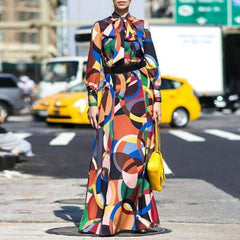 New Fashion Geometric High Neck Long Maxi Dress Ladies Summer Autumn Long Sleeve Evening Party Dress Sundress Plus Size