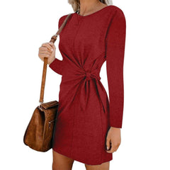 New Fashion WomenCasual Sweatshirt Long Sleeve Crew Neck Lace-Up Autumn Winter Dress Elegant Ladies Bodycon T-Shirt Dress