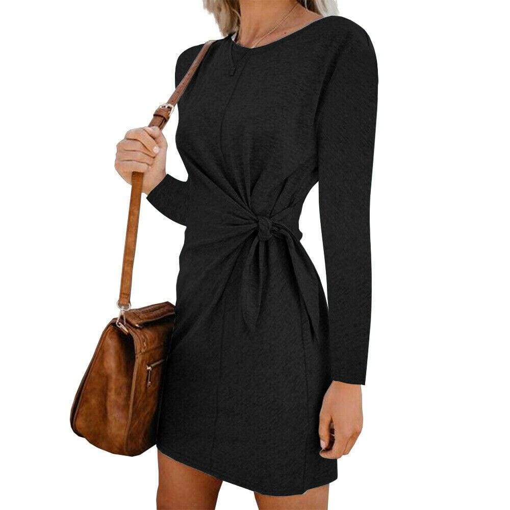New Fashion WomenCasual Sweatshirt Long Sleeve Crew Neck Lace-Up Autumn Winter Dress Elegant Ladies Bodycon T-Shirt Dress