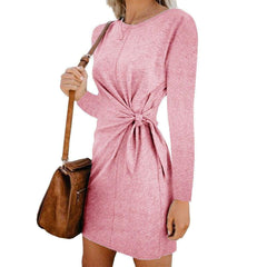 New Fashion WomenCasual Sweatshirt Long Sleeve Crew Neck Lace-Up Autumn Winter Dress Elegant Ladies Bodycon T-Shirt Dress