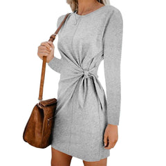 New Fashion WomenCasual Sweatshirt Long Sleeve Crew Neck Lace-Up Autumn Winter Dress Elegant Ladies Bodycon T-Shirt Dress