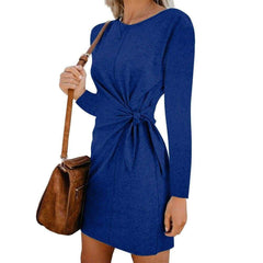 New Fashion WomenCasual Sweatshirt Long Sleeve Crew Neck Lace-Up Autumn Winter Dress Elegant Ladies Bodycon T-Shirt Dress