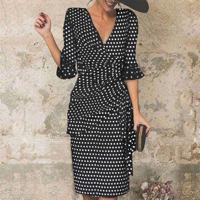New Flare Sleeve Midi Pencil Dress V-neck High Waist Plus Size