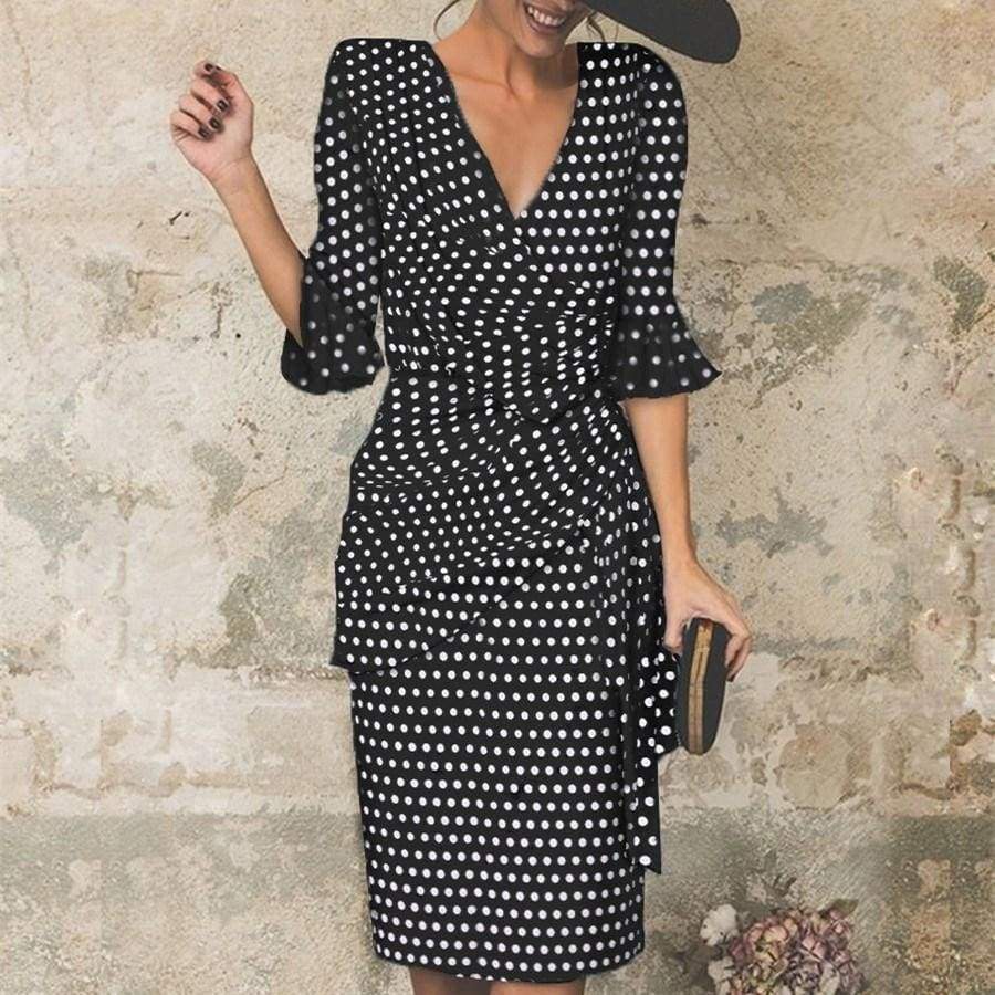 New Flare Sleeve Midi Pencil Dress V-neck High Waist Plus Size