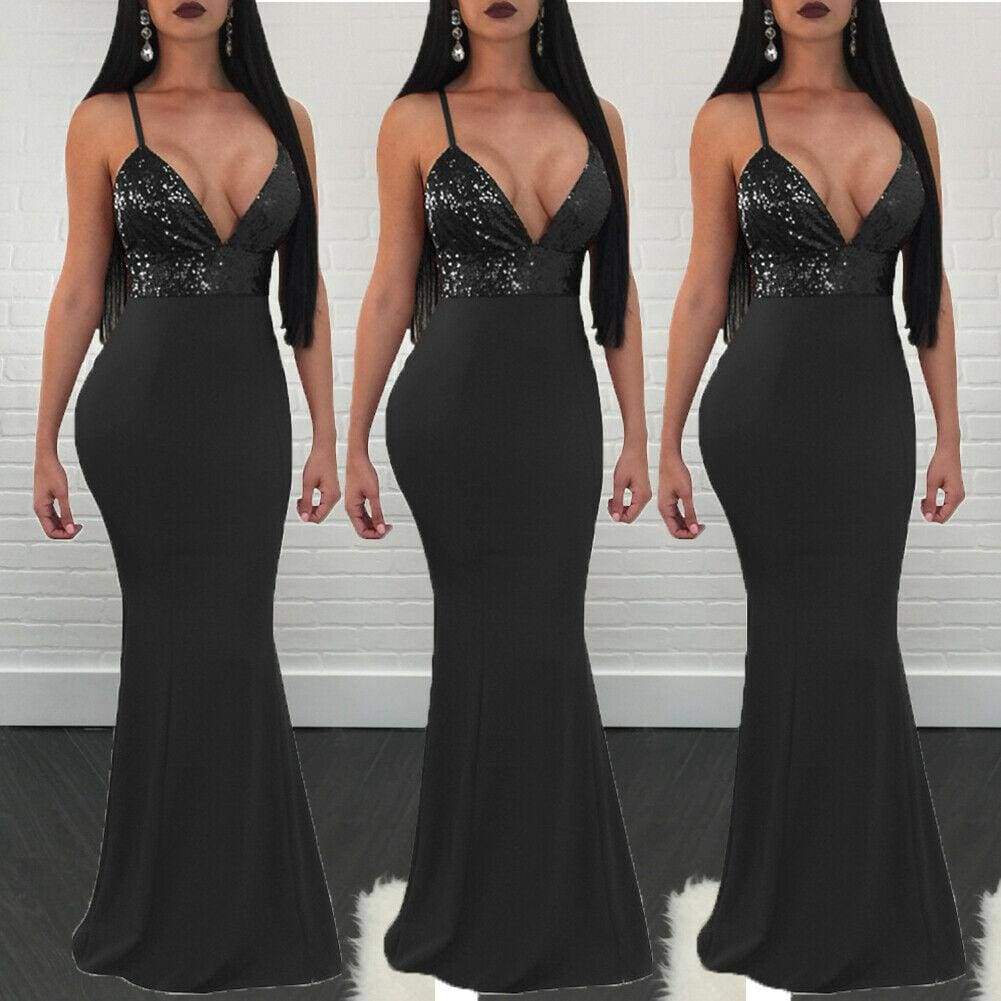 New Formal Prom Long Sequin Dress V-Neck Sleeveless Bodycon SunDress Party Cocktail Long Slim Dress