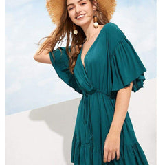 New Green V-neck Frill Mini Short Dress Ladies Short Sleeve Fashion Summer Beach Skater Slim Sundress
