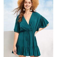 New Green V-neck Frill Mini Short Dress Ladies Short Sleeve Fashion Summer Beach Skater Slim Sundress