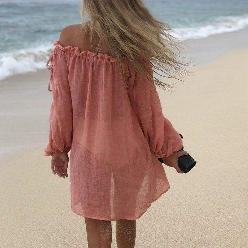 New Ladies Boho Summer Sexy Off Shoulder Mini Short Dress Fashion Sexy Beach Solid Casual Loose Dress Sundress