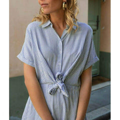 New Short Sleeve Button Bandage Dress Summer Ladies V Neck Belted Casual Beach Party Striped Sundress
