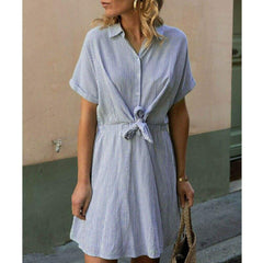 New Short Sleeve Button Bandage Dress Summer Ladies V Neck Belted Casual Beach Party Striped Sundress