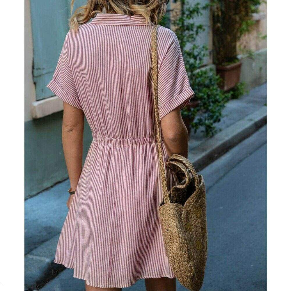 New Short Sleeve Button Bandage Dress Summer Ladies V Neck Belted Casual Beach Party Striped Sundress