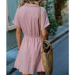 New Short Sleeve Button Bandage Dress Summer Ladies V Neck Belted Casual Beach Party Striped Sundress