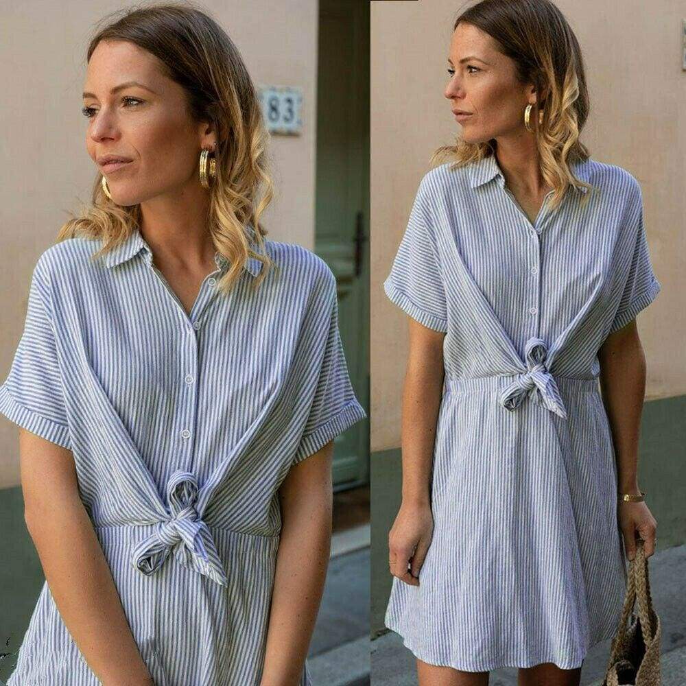 New Short Sleeve Button Bandage Dress Summer Ladies V Neck Belted Casual Beach Party Striped Sundress