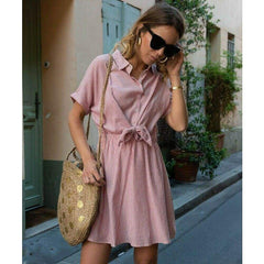 New Short Sleeve Button Bandage Dress Summer Ladies V Neck Belted Casual Beach Party Striped Sundress