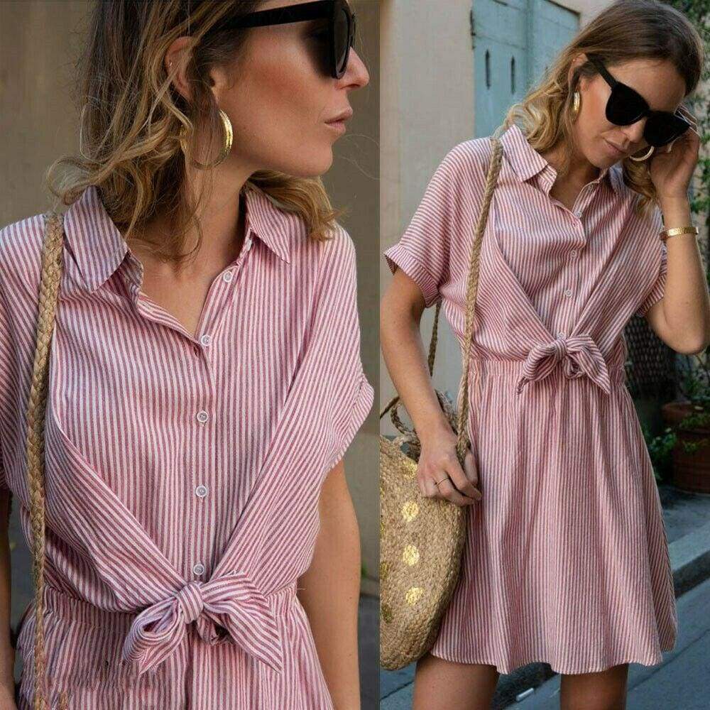 New Short Sleeve Button Bandage Dress Summer Ladies V Neck Belted Casual Beach Party Striped Sundress