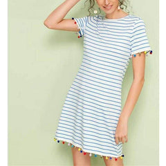 New Short Sleeve Mini T-shirt Dress Summer Ladies Casual Round Neck Striped Tassel Loose Beach Sundress