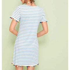 New Short Sleeve Mini T-shirt Dress Summer Ladies Casual Round Neck Striped Tassel Loose Beach Sundress
