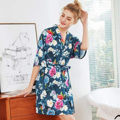 New Silk Satin Floral Half Sleeve V-Neck Summer Short Nightwear Bath Robe Fashion Daily Soft Casual Sleepdress