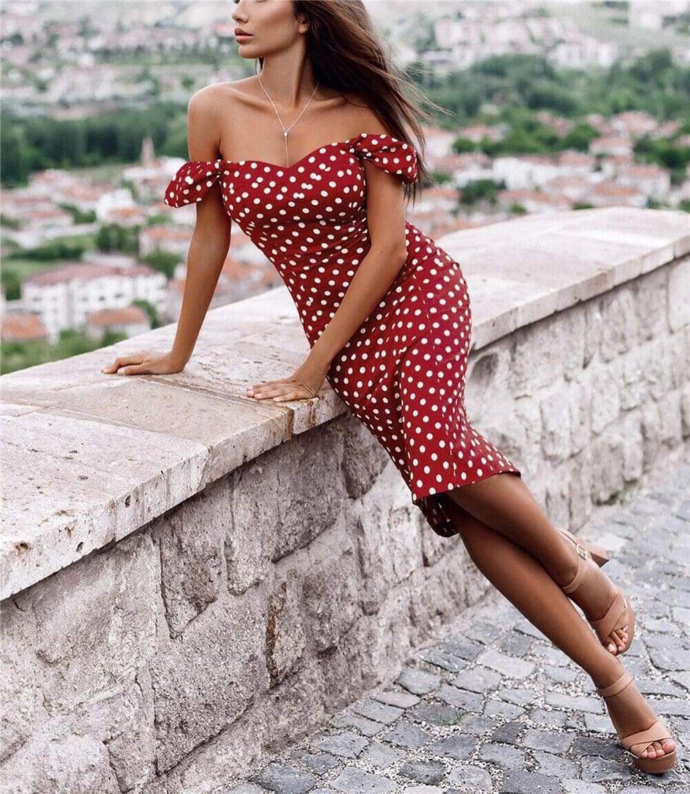 New Summer Boho Polka Dot Dress Ladies Casual Bodycon Off Shoulder Party Evening Beach Pencil Sundress