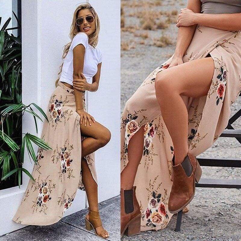 New Summer Hight Waist Maxi Skirt Ladies Fashion Pleated Beach Long Casual Boho Floral Skirt Sundress
