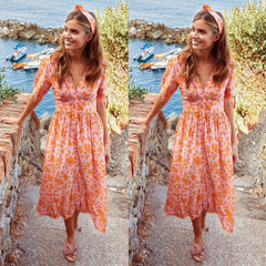 New Sweet Boho Floral Maxi Dress Summer Retro Short Sleeve Draped Bandage Dresses Lady Party Beach Sundress Vestidos