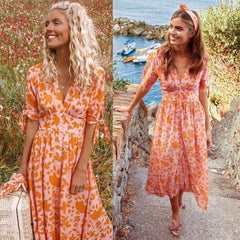 New Sweet Boho Floral Maxi Dress Summer Retro Short Sleeve Draped Bandage Dresses Lady Party Beach Sundress Vestidos