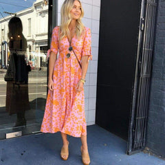 New Sweet Boho Floral Maxi Dress Summer Retro Short Sleeve Draped Bandage Dresses Lady Party Beach Sundress Vestidos