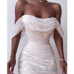 Off Shoulder Pleated White bodycon Dress Strapless Backless Shinny Dress Elegant Party Dresses Clothes