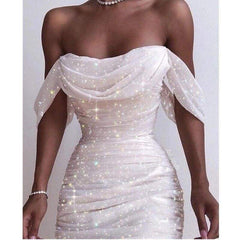 Off Shoulder Pleated White bodycon Dress Strapless Backless Shinny Dress Elegant Party Dresses Clothes