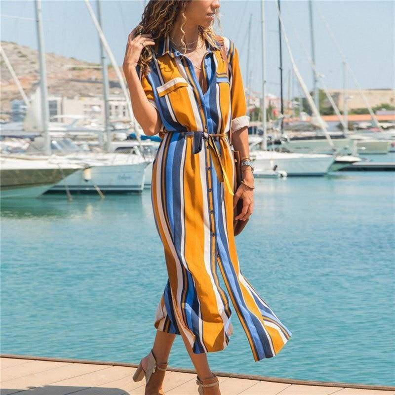 Office Ladies Stripe Shirt Dress Chiffon Casual Long Sleeve Dress