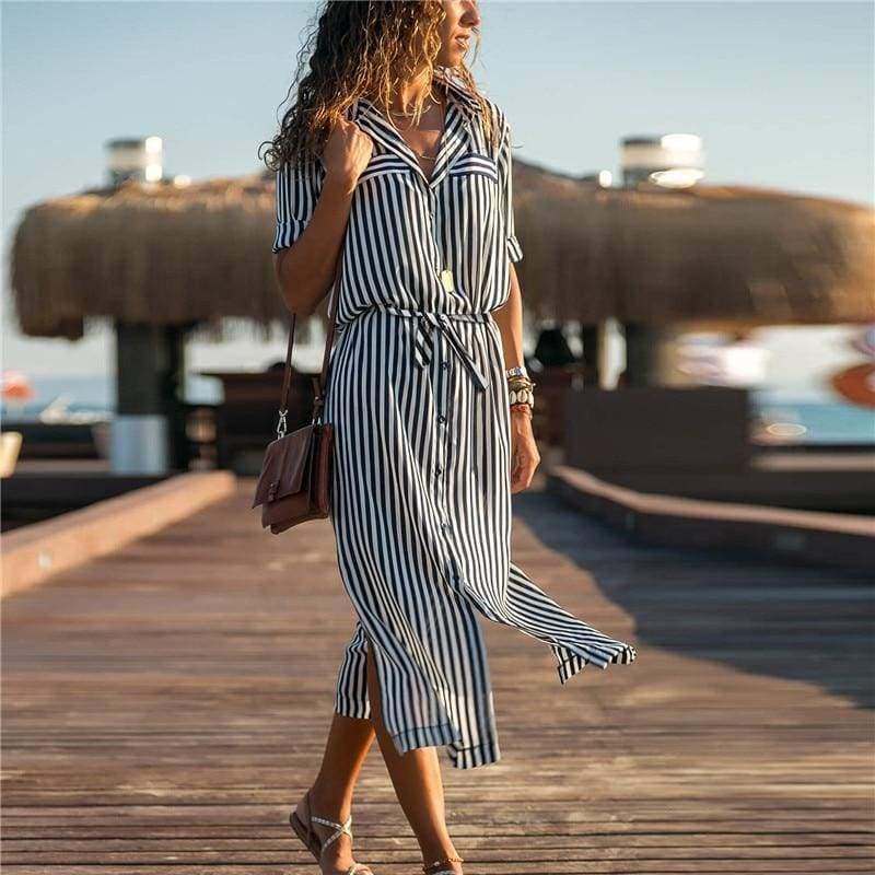 Office Ladies Stripe Shirt Dress Chiffon Casual Long Sleeve Dress