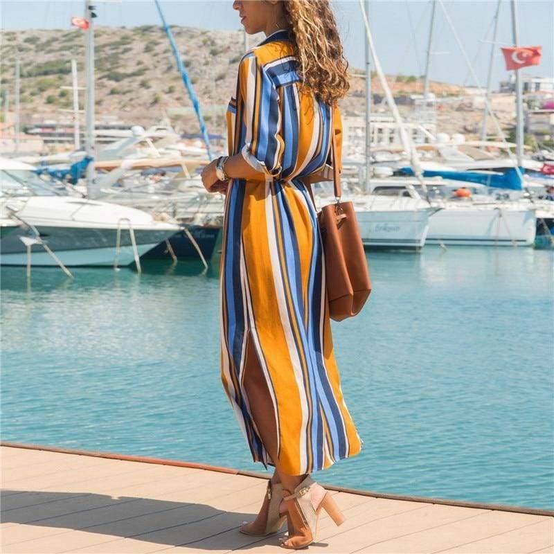 Office Ladies Stripe Shirt Dress Chiffon Casual Long Sleeve Dress