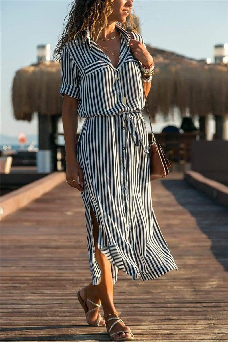 Office Ladies Stripe Shirt Dress Chiffon Casual Long Sleeve Dress