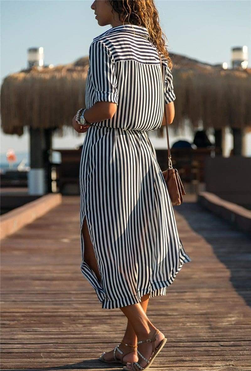 Office Ladies Stripe Shirt Dress Chiffon Casual Long Sleeve Dress