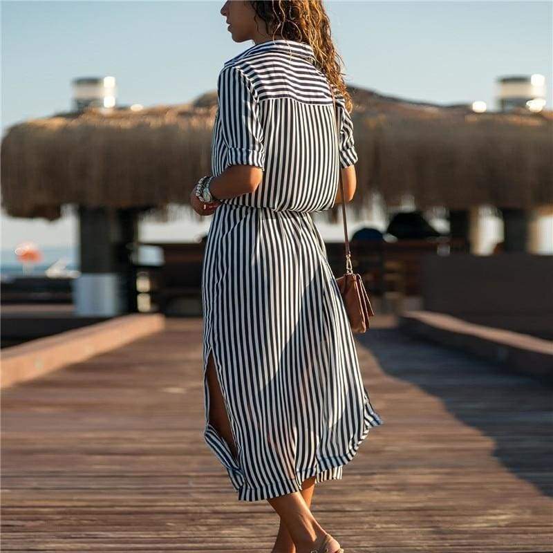Office Ladies Stripe Shirt Dress Chiffon Casual Long Sleeve Dress