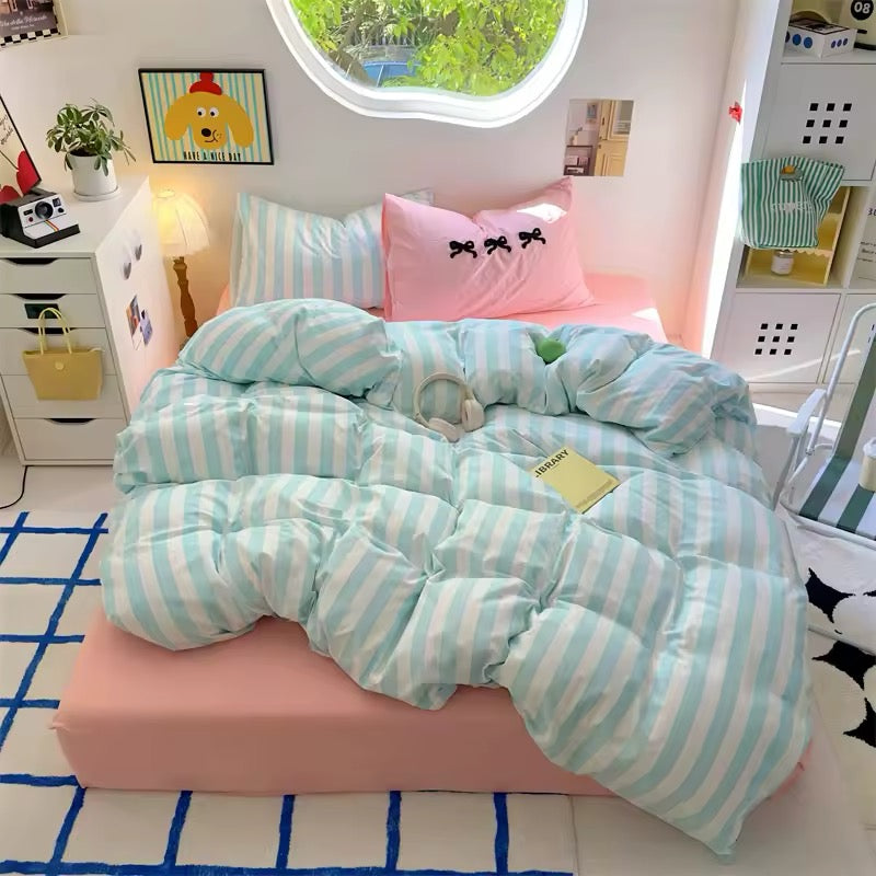 Beige Striped Cotton Bedding Set
