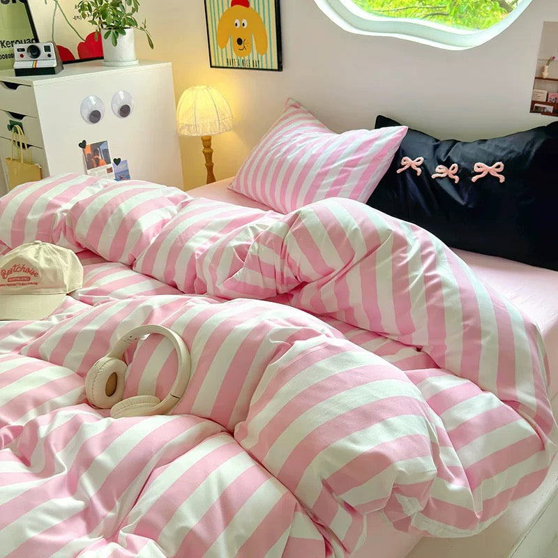 Pink Striped Cotton Bedding Set