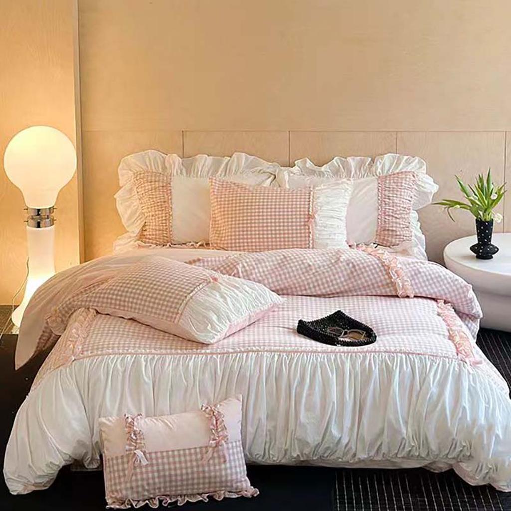 Pink Gingham with Bow Ruched Bedding Set