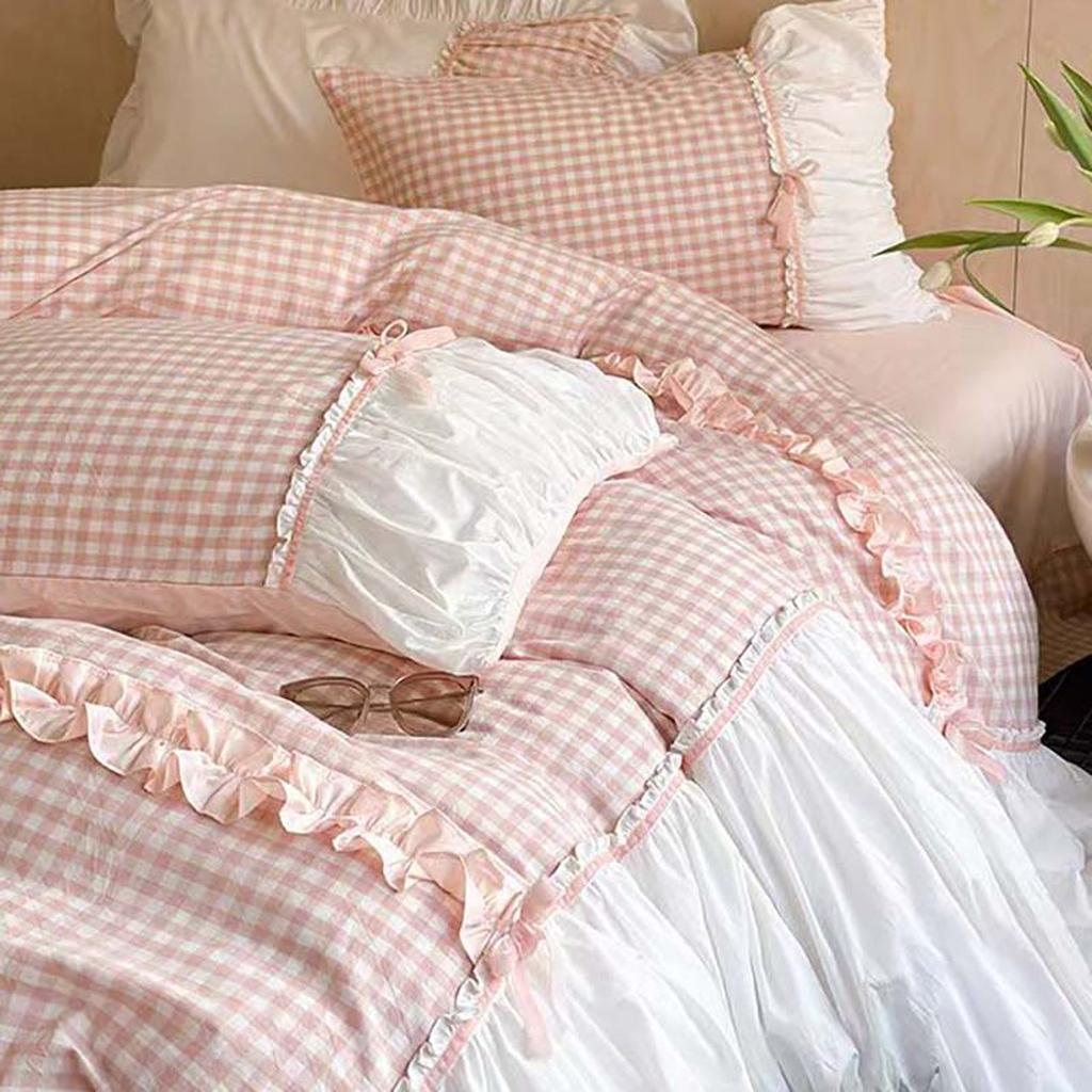 Pink Gingham with Bow Ruched Bedding Set