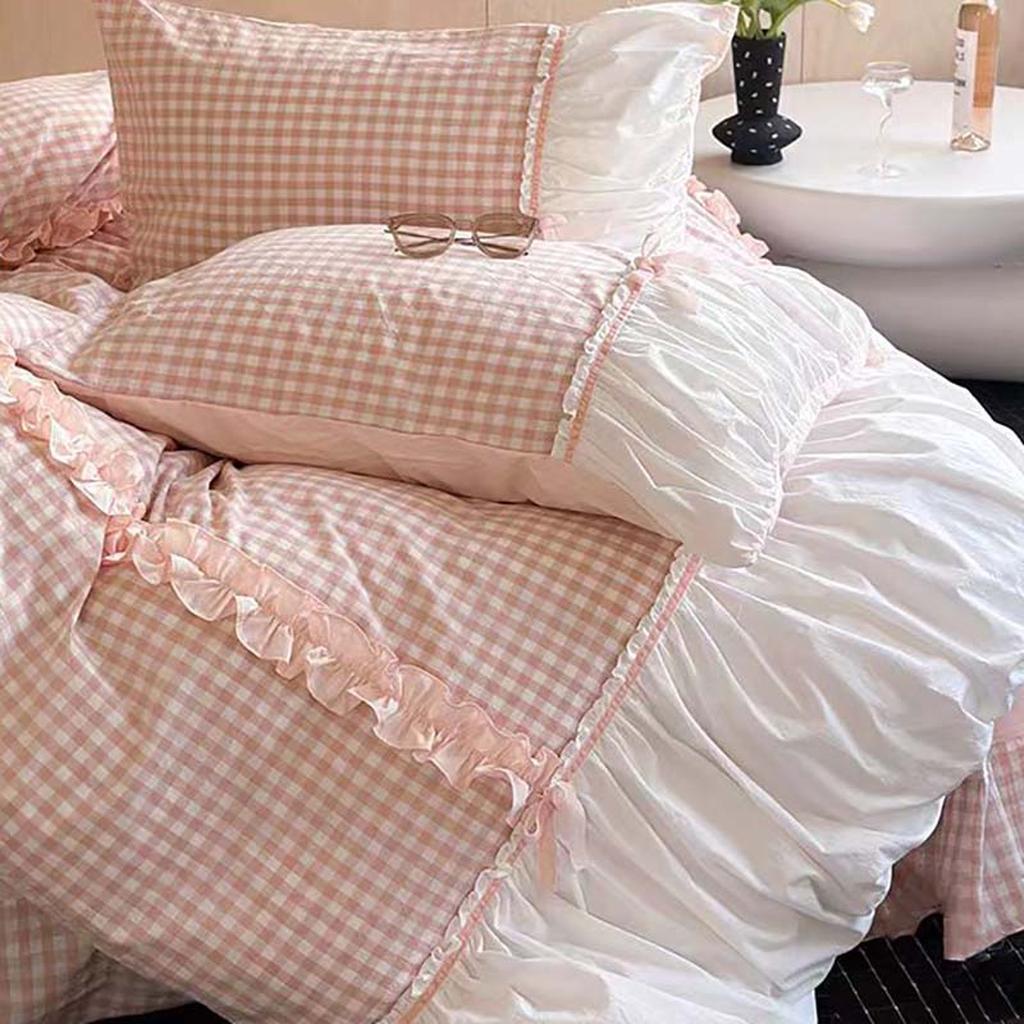 Pink Gingham with Bow Ruched Bedding Set