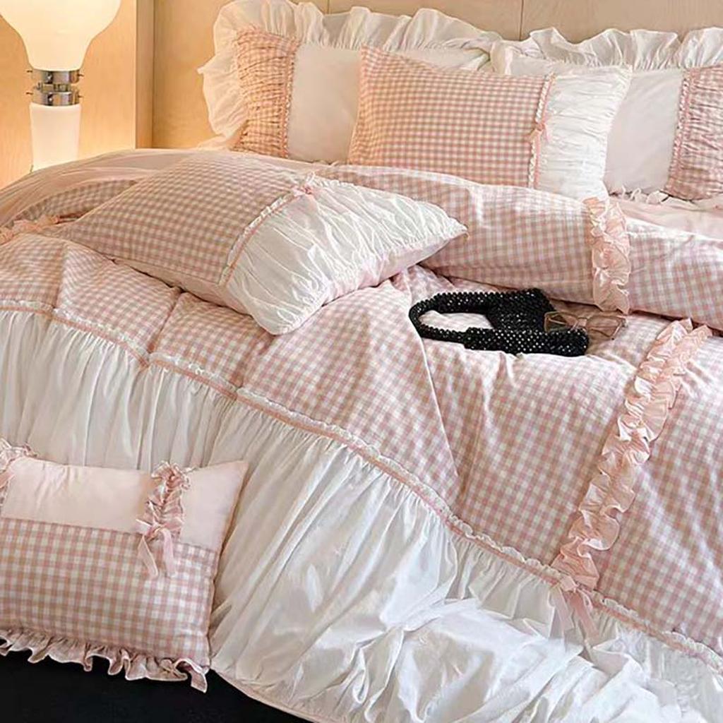 Pink Gingham with Bow Ruched Bedding Set