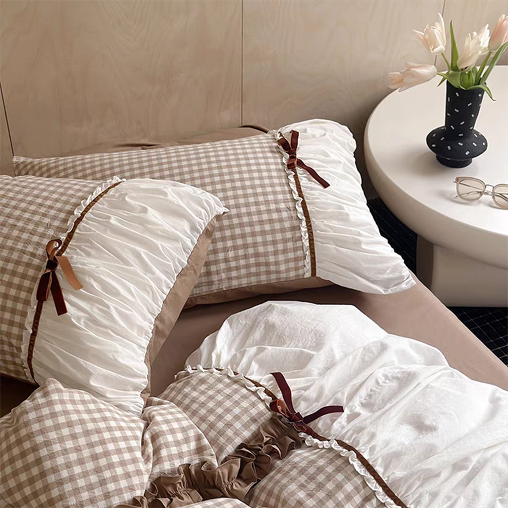Pink Gingham with Bow Ruched Bedding Set