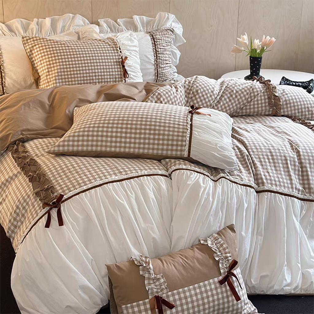 Pink Gingham with Bow Ruched Bedding Set