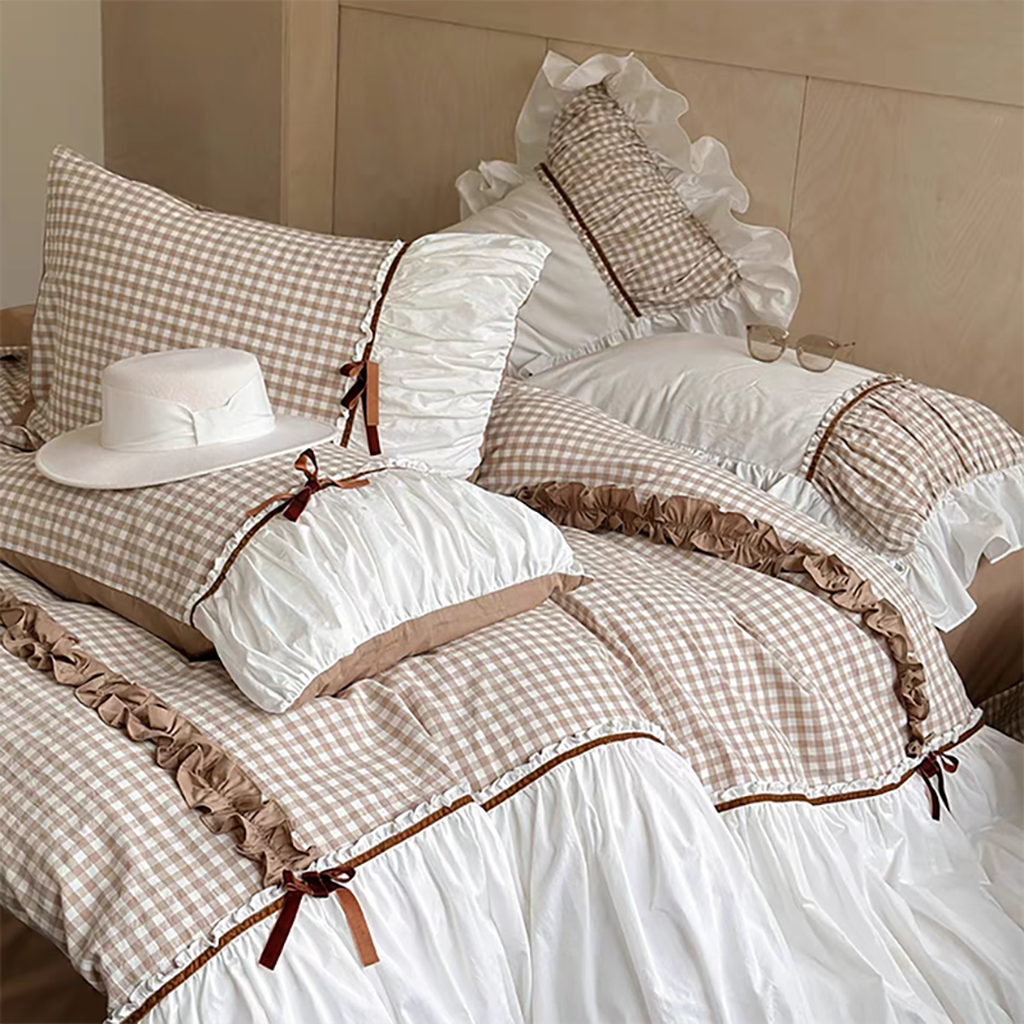 Pink Gingham with Bow Ruched Bedding Set