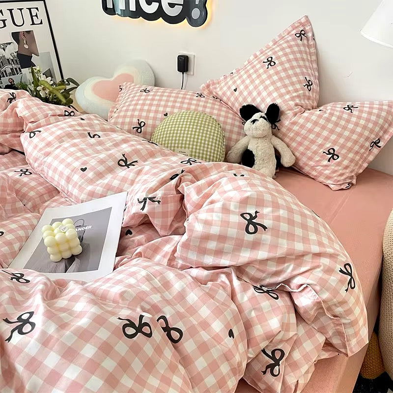 Pink Plaid Bowknot Bedding Set