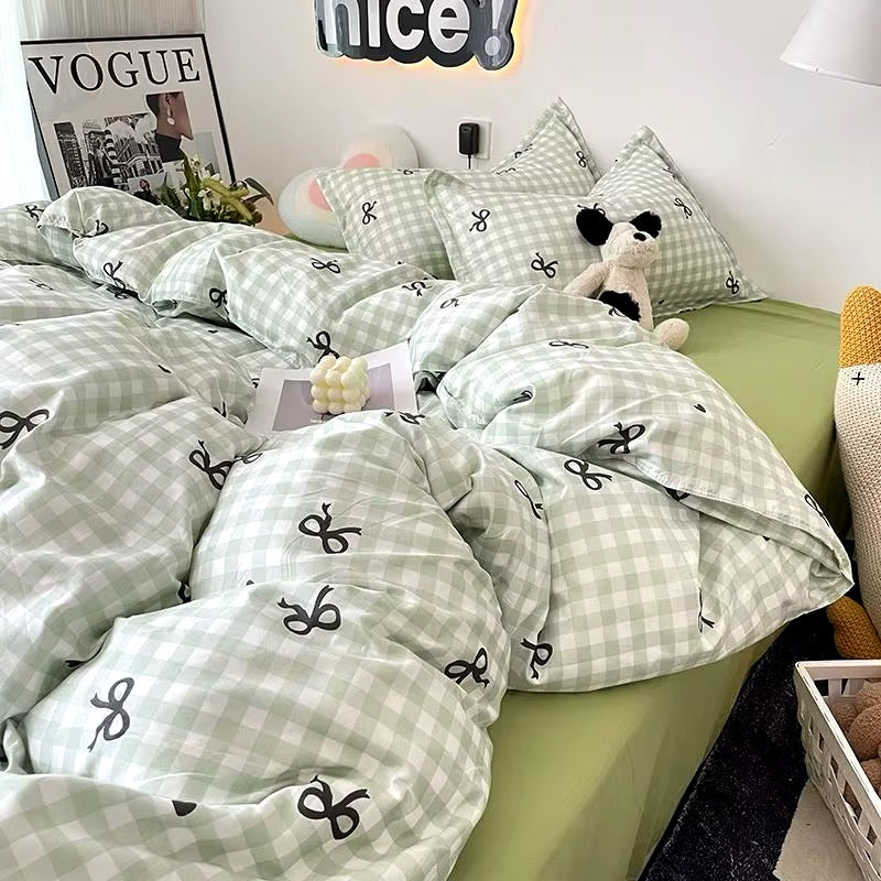 Pink Plaid Bowknot Bedding Set